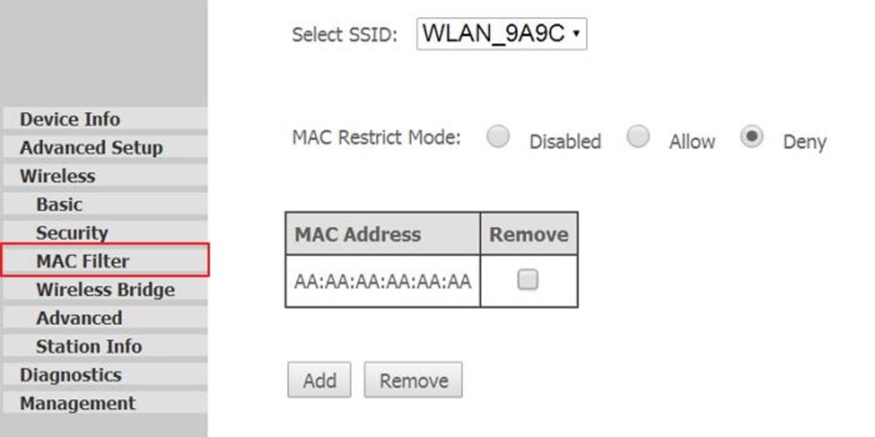 Configuración del filtrado MAC en la web de administración del router
