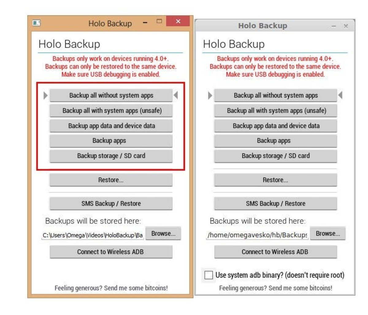 Opciones de Holo Backup, pantallas en Windows y Linux respectivamente