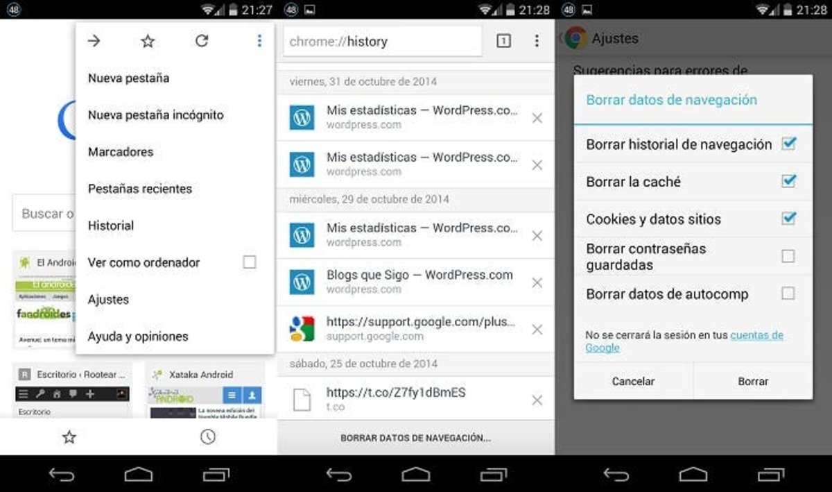 Borra datos en Chrome para Android