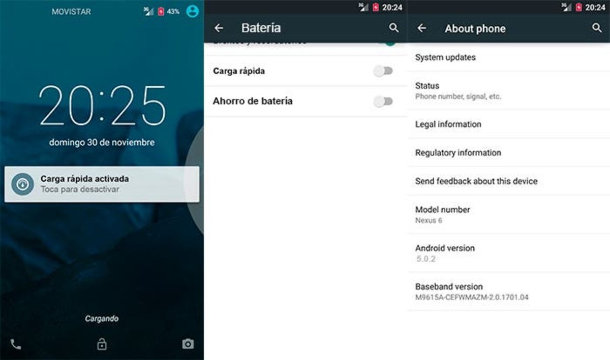 Capturas de pantalla de la carga rápida de Android 5.0.2