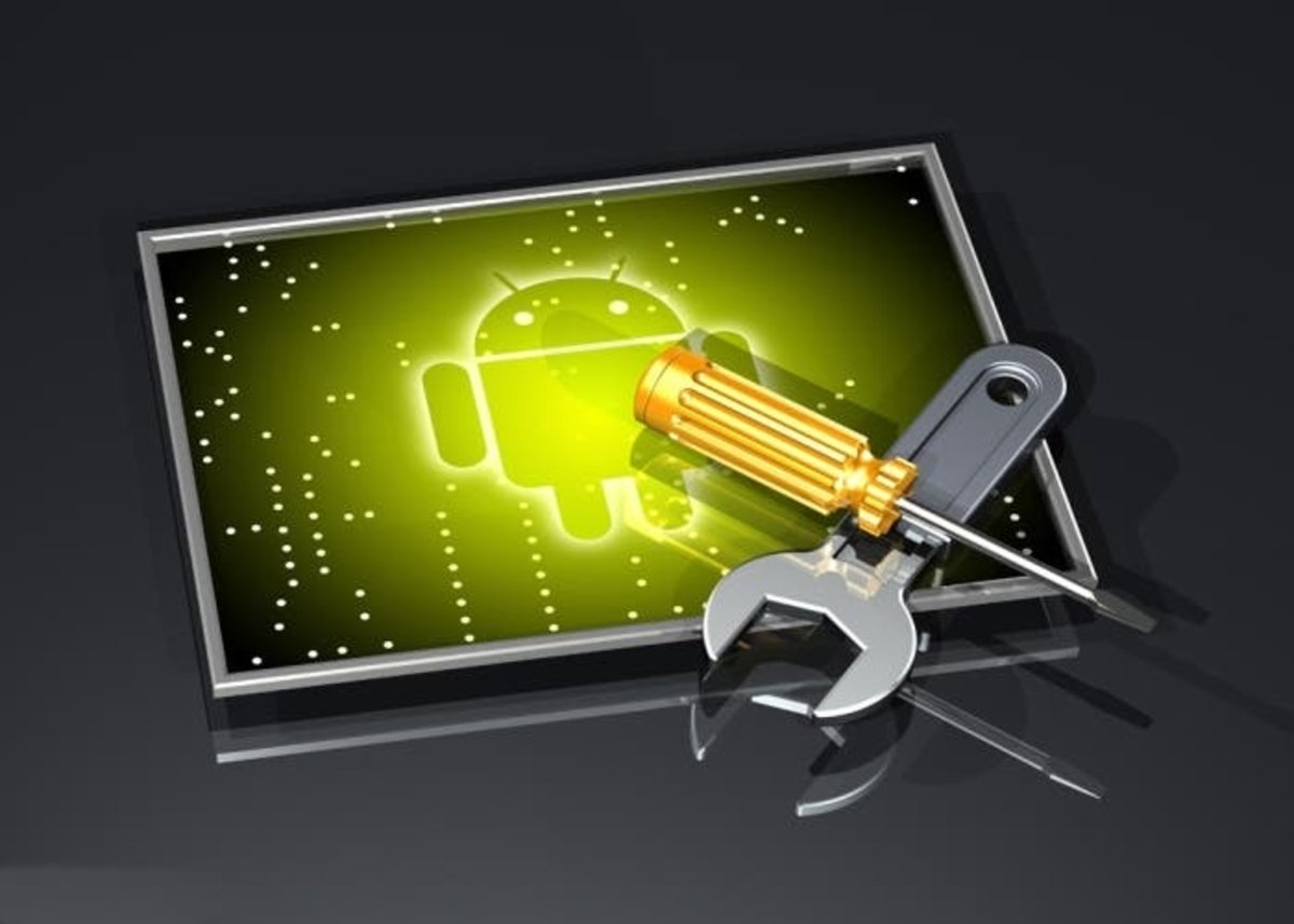 3d illustration of a large wrench and screwdriver lying in a cross over top of a framed glowing green Google Android logo