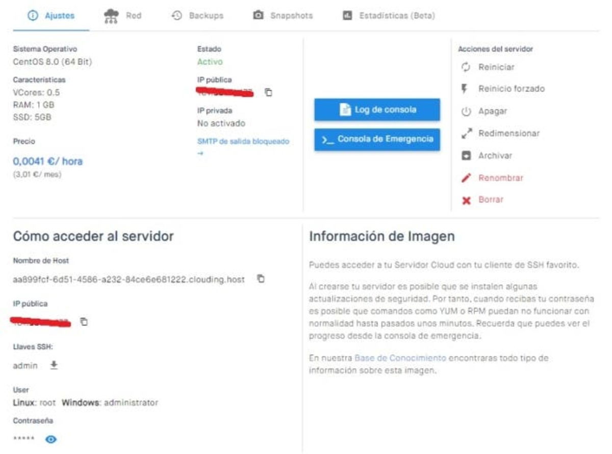 Pantalla de configuración Clouding