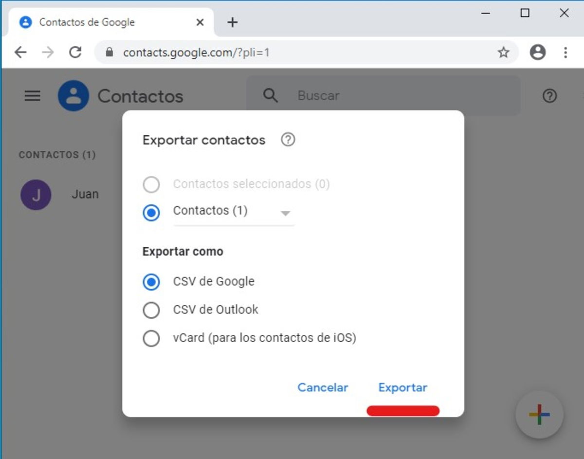 Opción exportar en Google Contacts