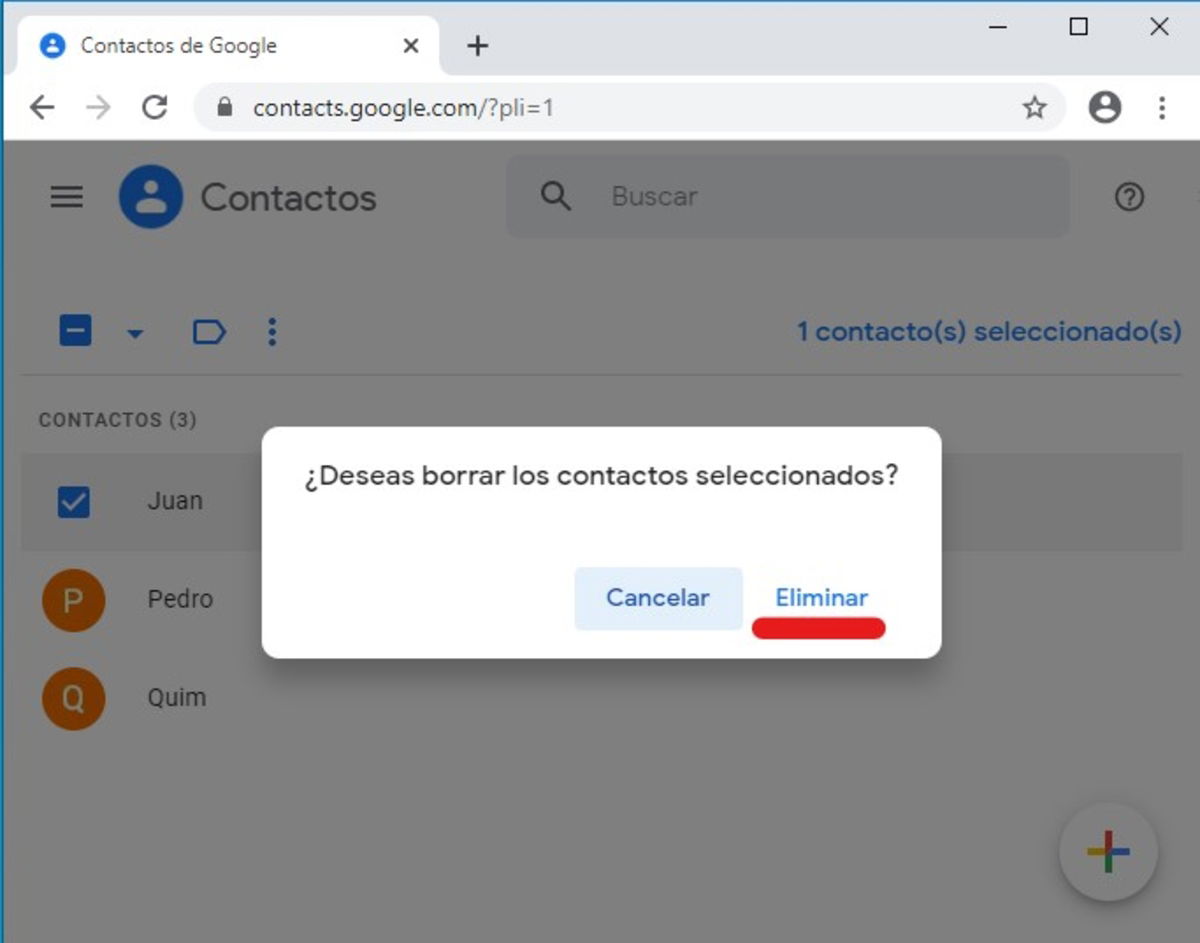 Opción eliminar en Google Contacts