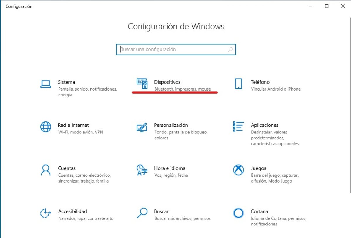 Ajustes de Windows 10: dispositivos.
