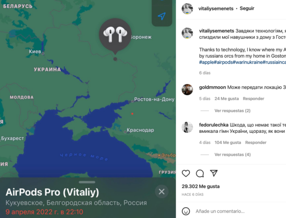 Captura de pantalla del seguimiento realizado por Vitaliy Semenets de sus AirPods