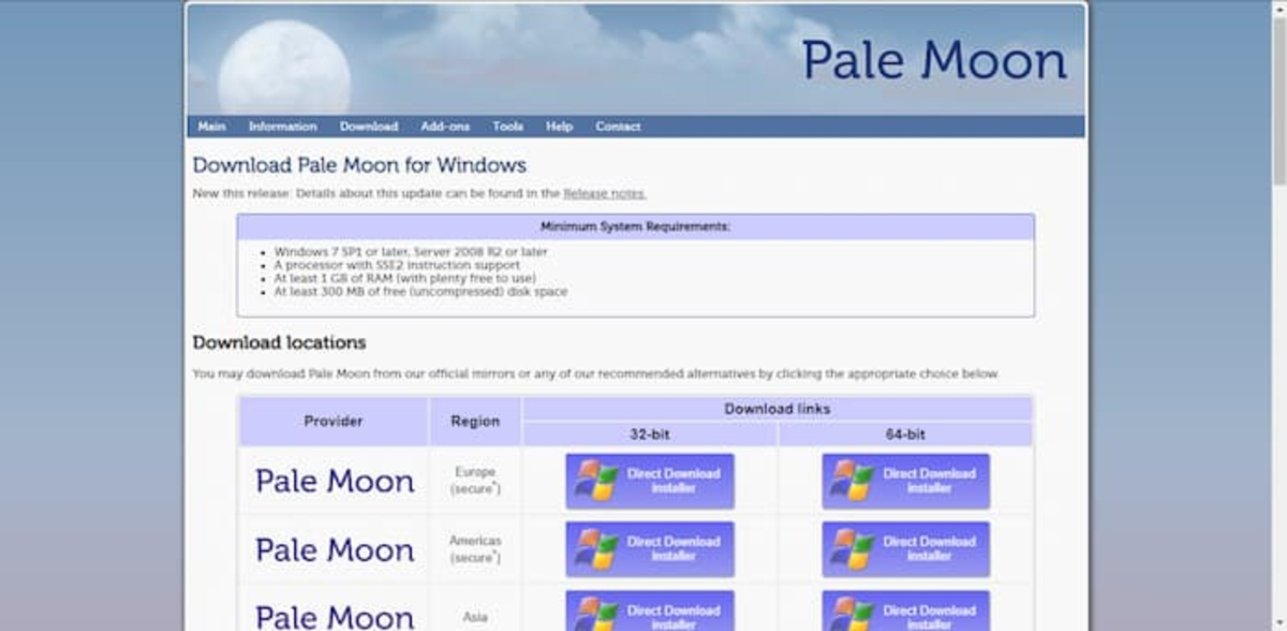 Web del navegador Pale Moon