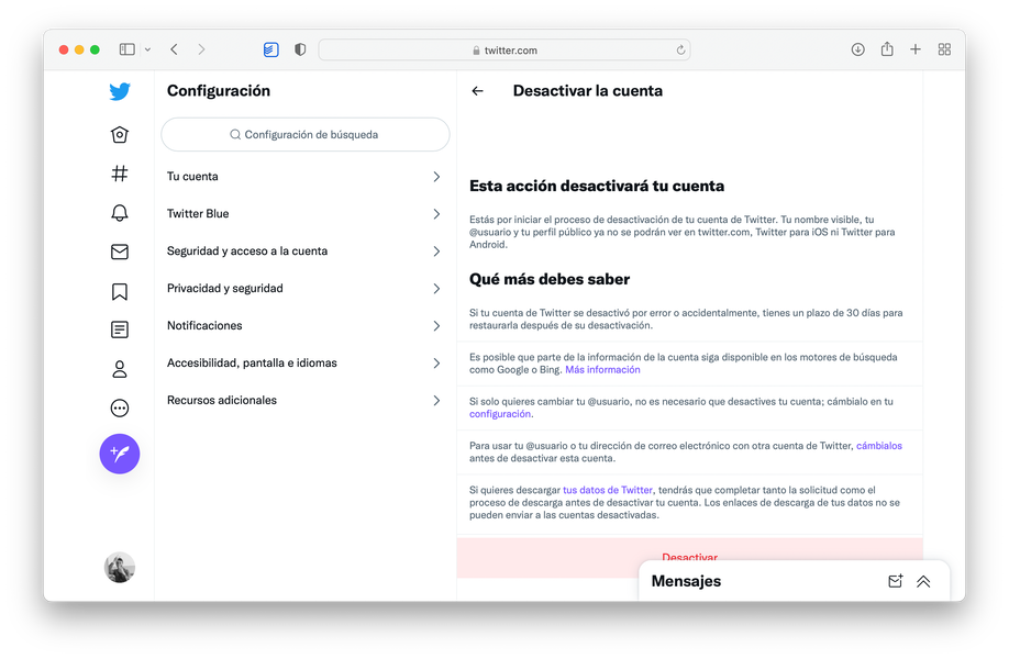 Borrar cuenta de Twitter