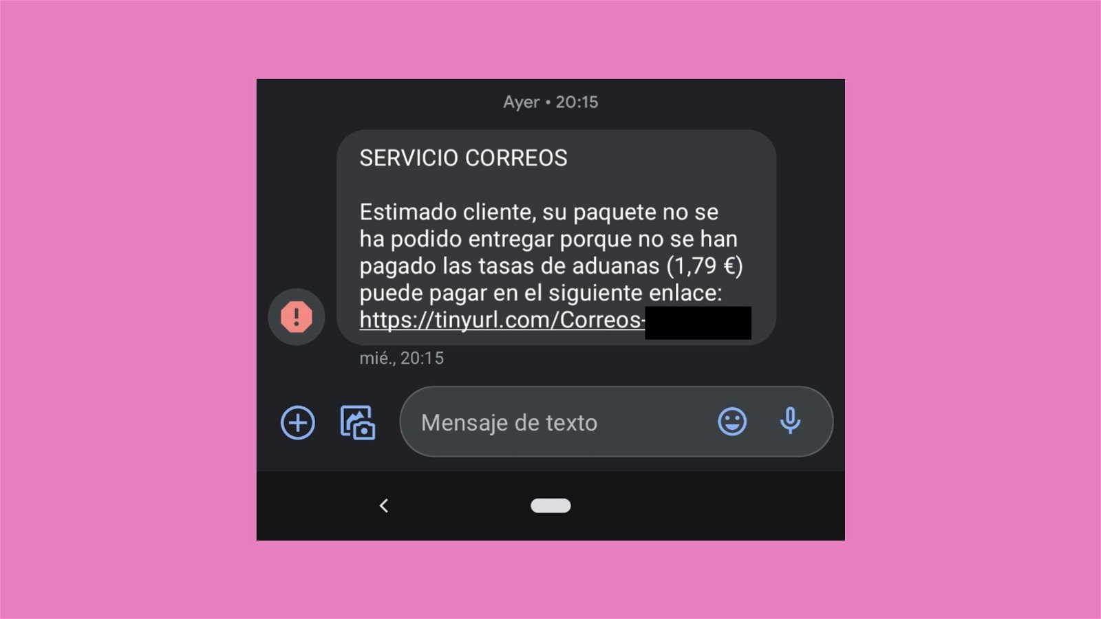 Ejemplo de smishing de Correos Express por SMS