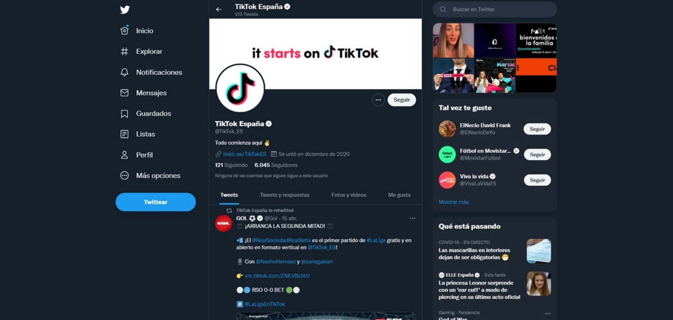 Perfil oficial en Twitter de TikTok España