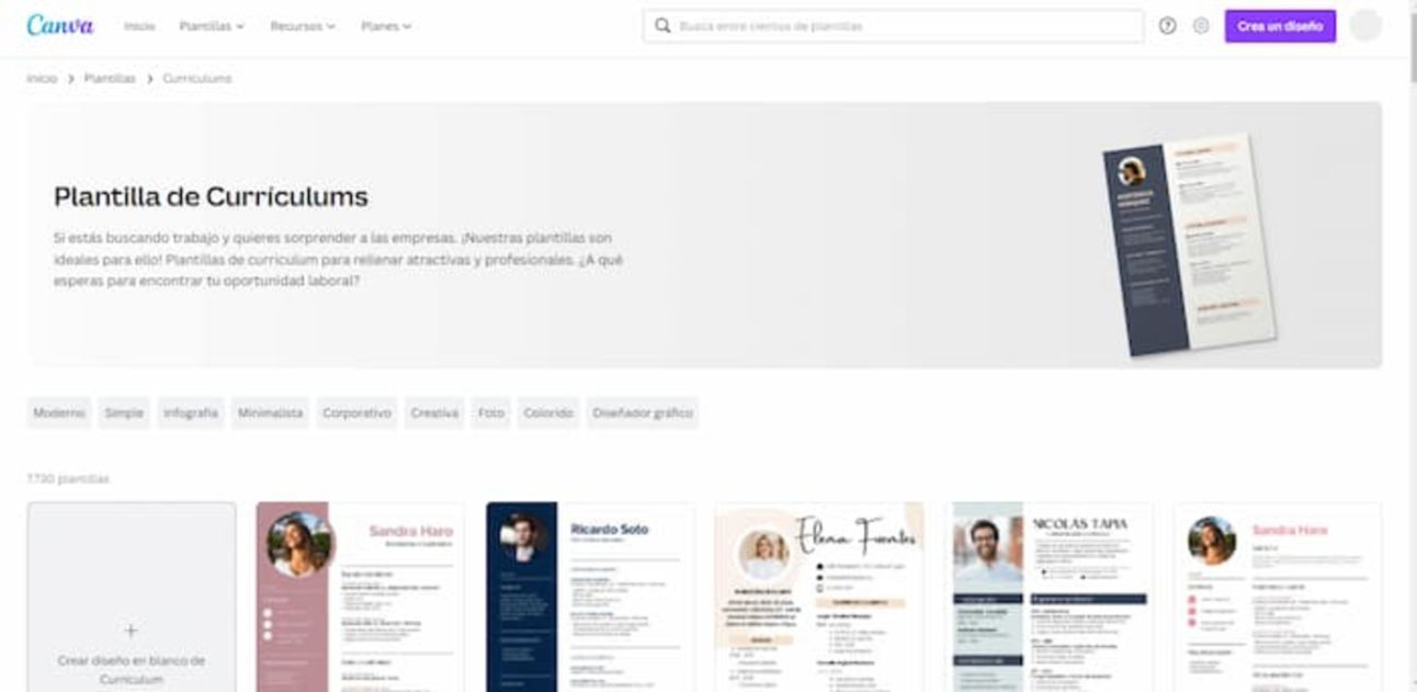 En Canva podrás encontrar todo tipo de plantillas de CV creativas y únicas