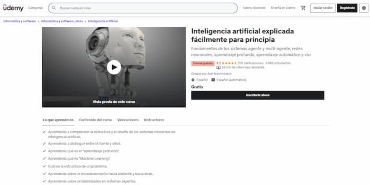 Otro de los cursos más interesantes de Udemy sobre la Inteligencia Artificial es este