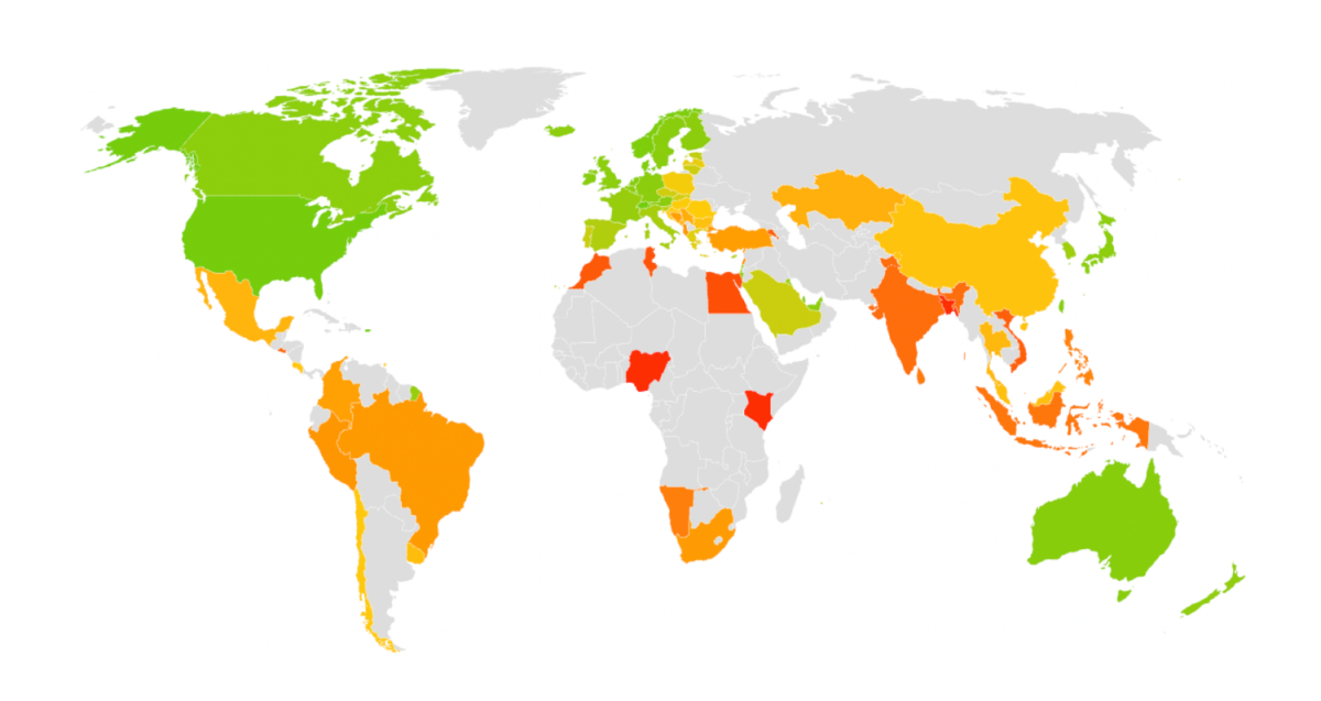 Mapa de colores donde se muestra el porcentaje de sueldo necesario para comprar un iPhone 14