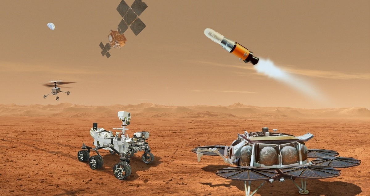 Ilustración oficial que muestra la complejidad de la misión Mars Sample Return