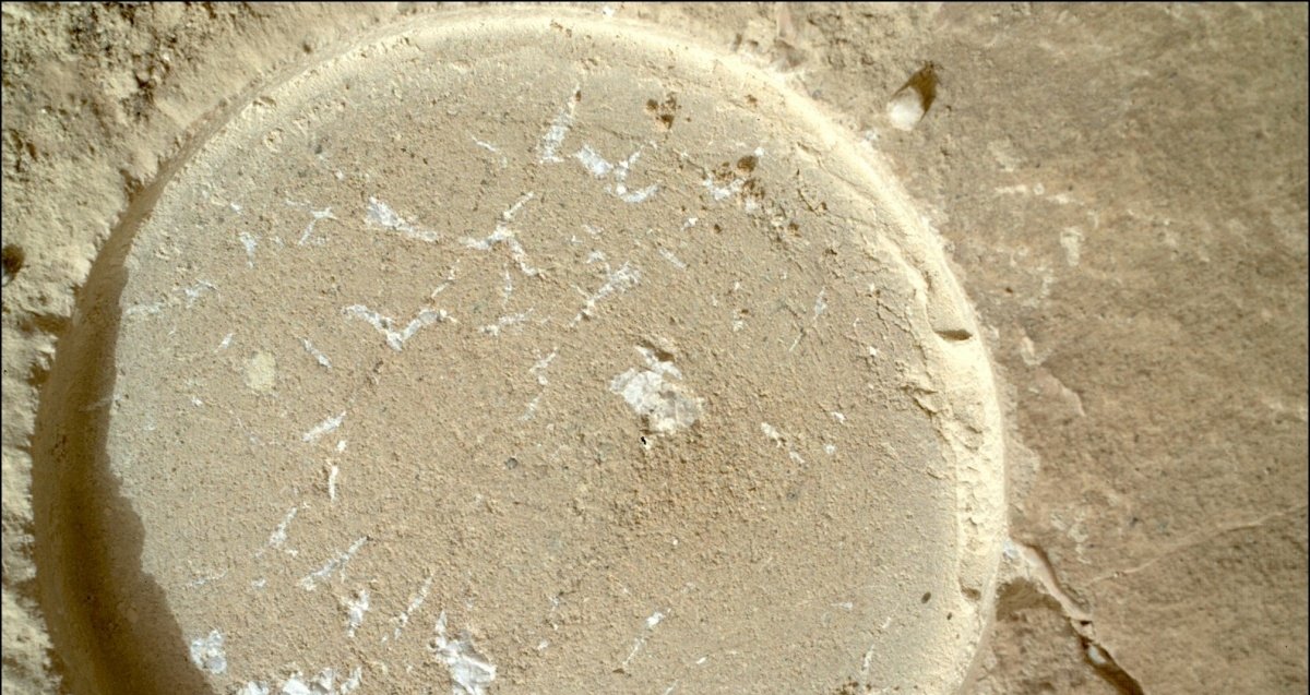 Imagen de una roca marciana con un desconocido material en su interior