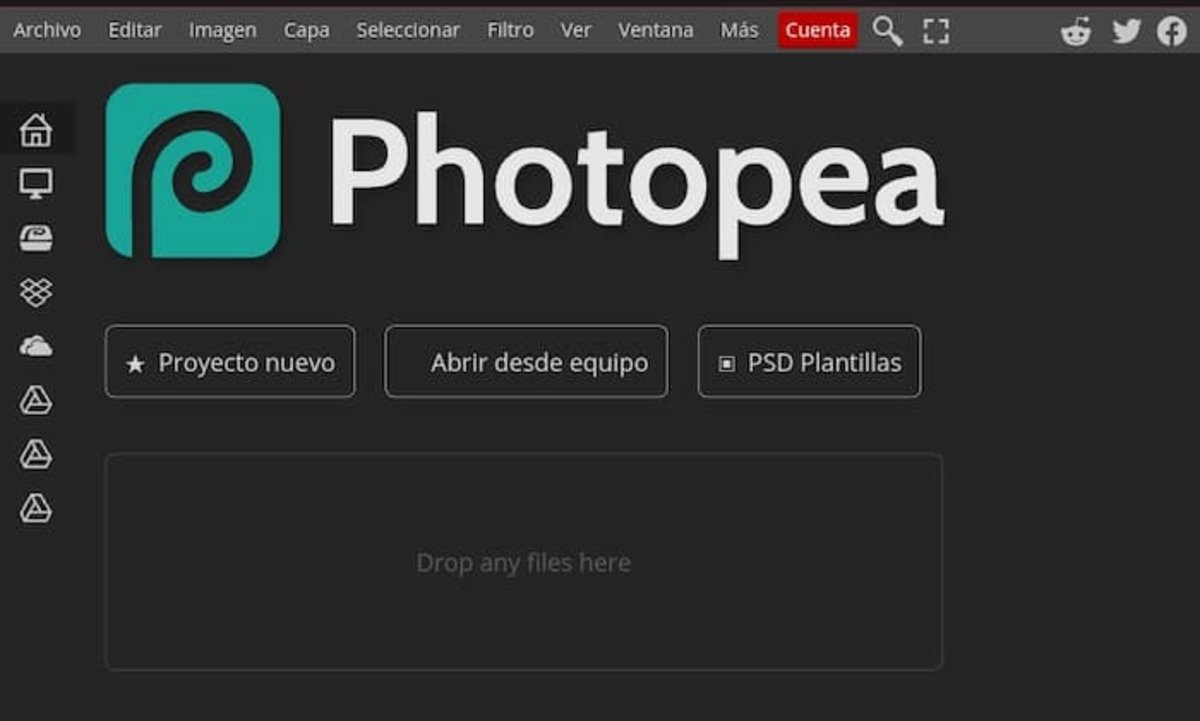 Photopea: Utiliza este sitio con las mismas funciones de Photoshop, pero de manera online y gratuita