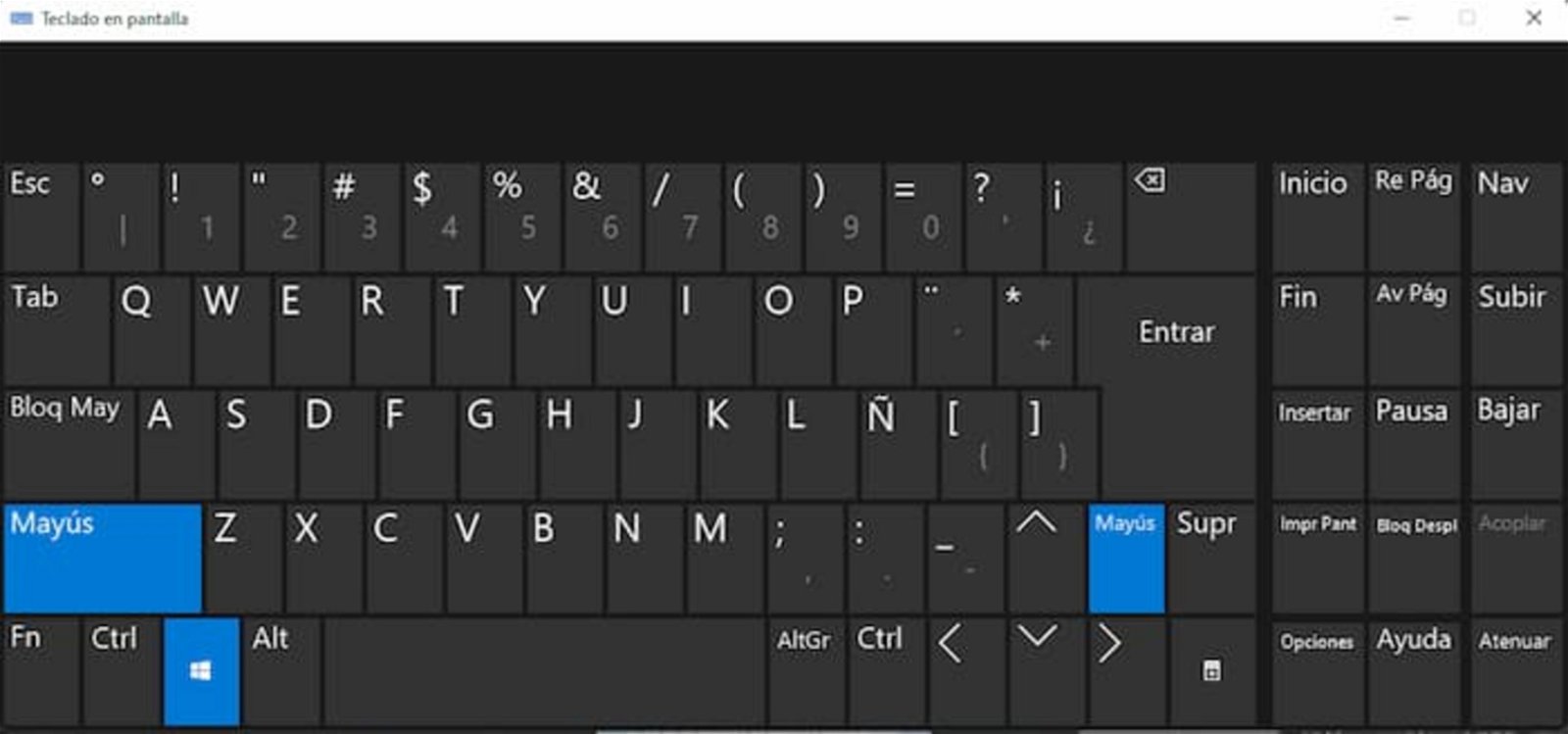 El teclado en pantalla es otra solución útil para escribir la letra Ñ y otras que no funcionen correctamente en el teclado físico