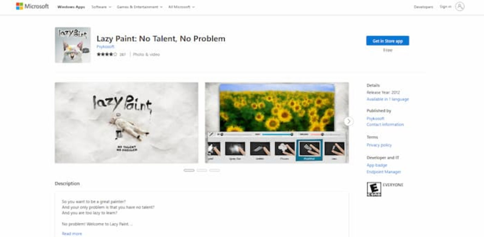 Lazy Paint puede ser descargada desde la Microsoft Store y es una interesante herramienta de dibujo y retoque fotográfico