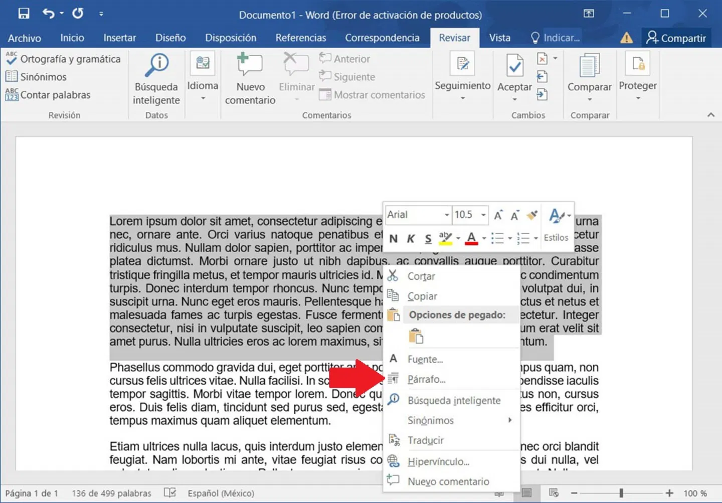 Acceder a las opciones de párrafos en Word