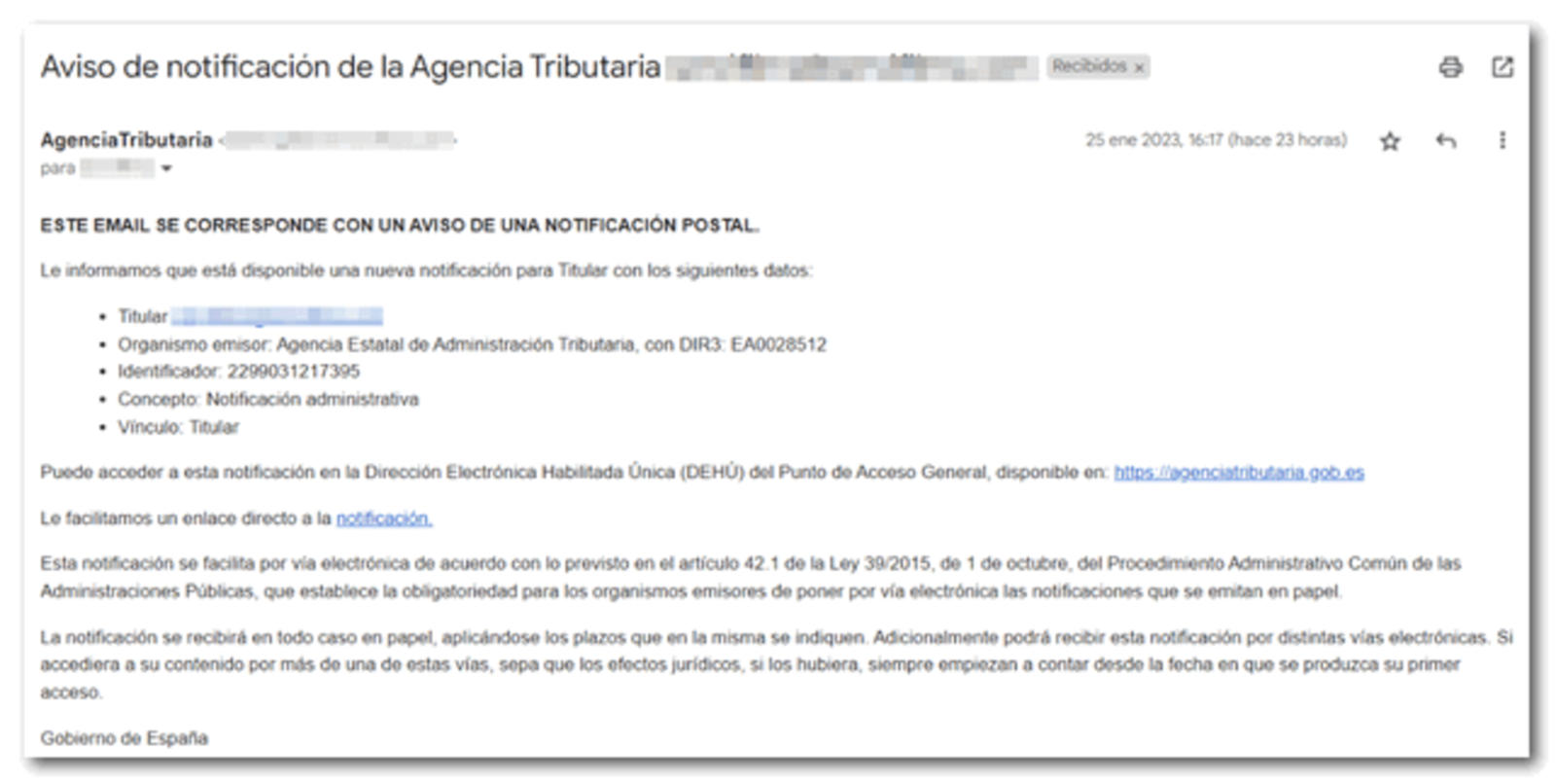 Phising de la Agencia Tributaria por email