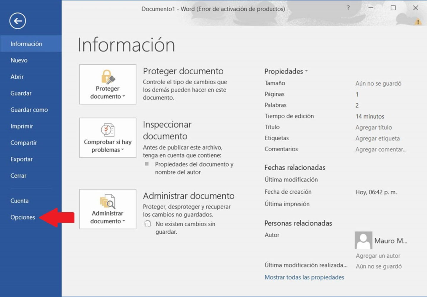 Entrar en las opciones de Word