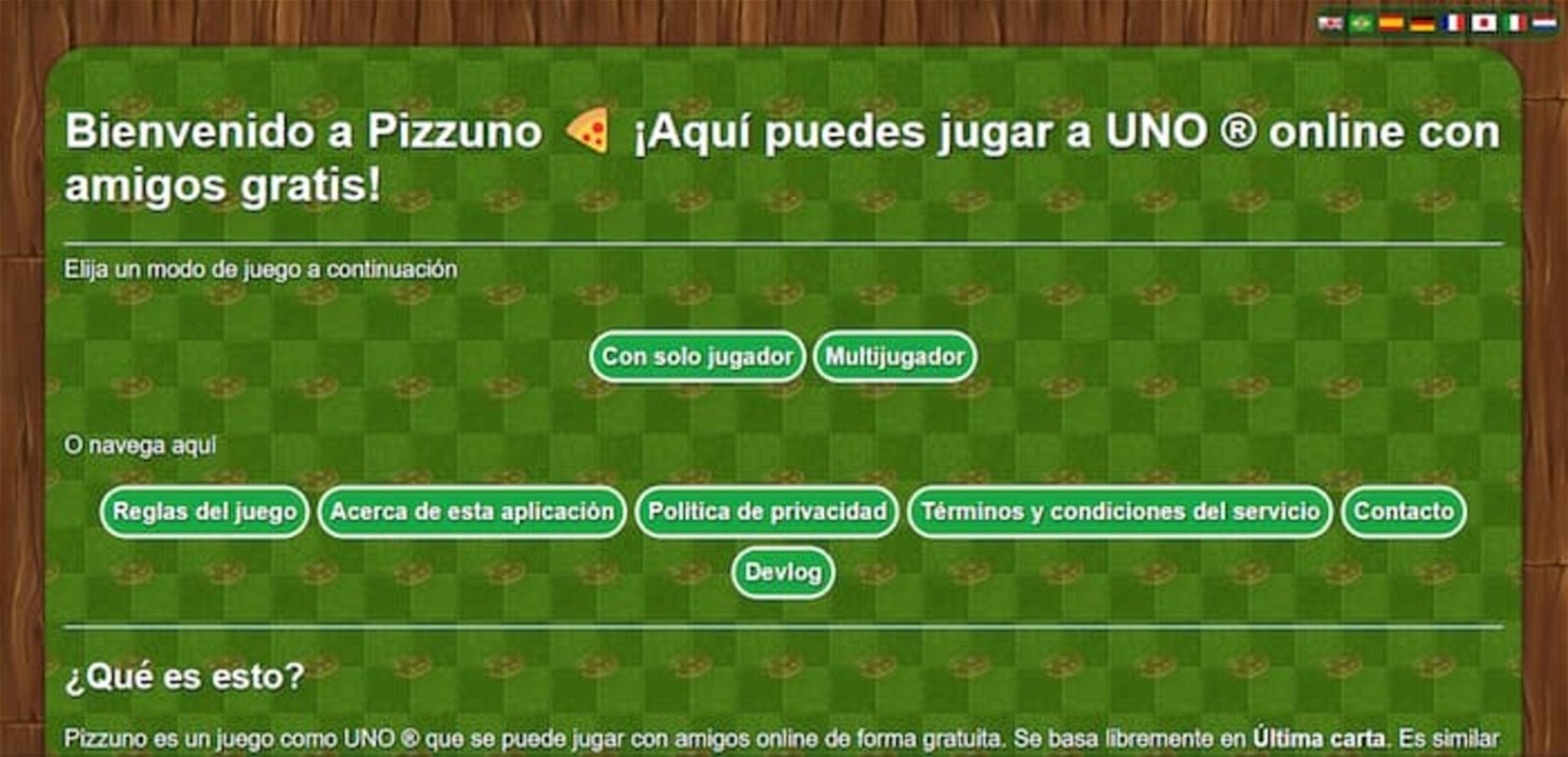 Así luce la interfaz de Pizzuno, una web en la que podrás jugar al Uno contra la IA o contra otras personas en tiempo real