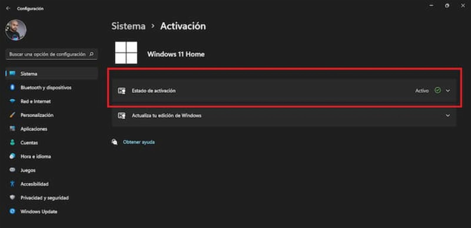Desde la Configuración de Windows también puedes ver si tu instalación de Windows 11 está activa