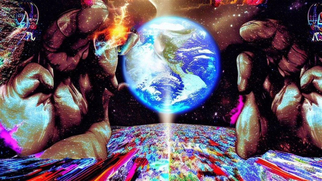 Imagen creada por la IA de Bing representando a Dios creando el universo en un ordenador