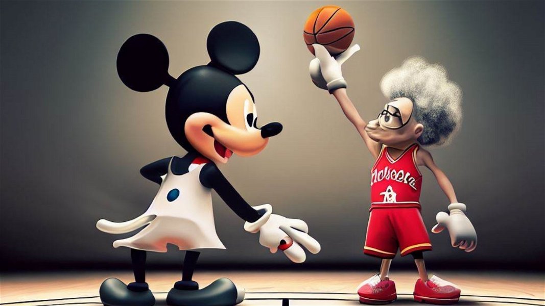 Imagen creada por la IA de Bing representando a Mickey Mouse jugando a baloncesto contra Albert Einstein