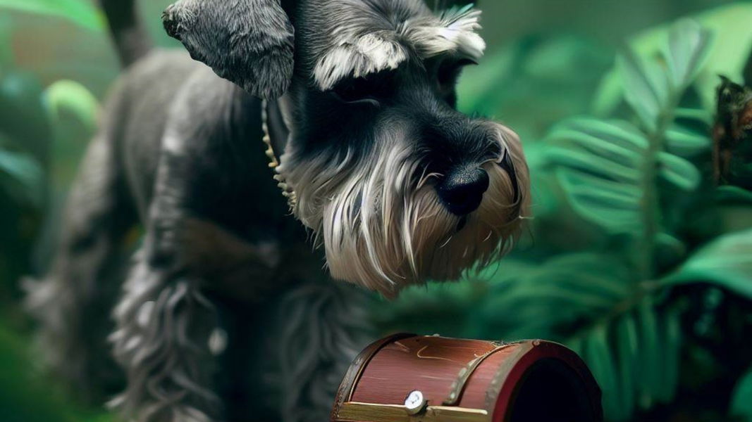 Imagen creada por la IA de Bing representando a un schnauzer miniatura buscando un tesoro en la selva