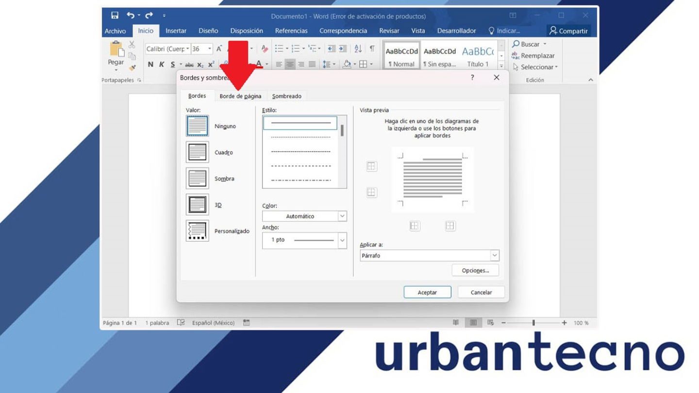 Seleccionar pestaña Bordes de pagina en Word