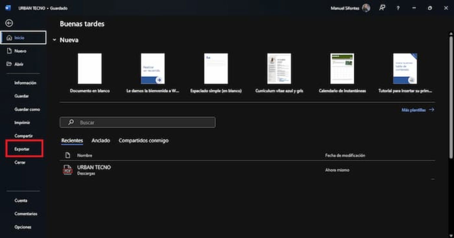 Ahora tendrás que acceder a la pestaña de Inicio de Word y hacer clic en la opción Exportar