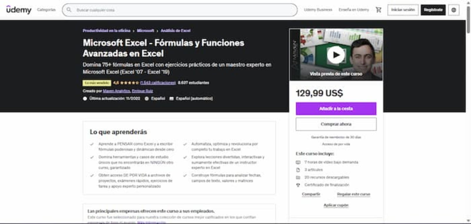 Aunque este es uno de los mejores cursos para aprender a manejar Excel, también es uno de los más caros de la lista