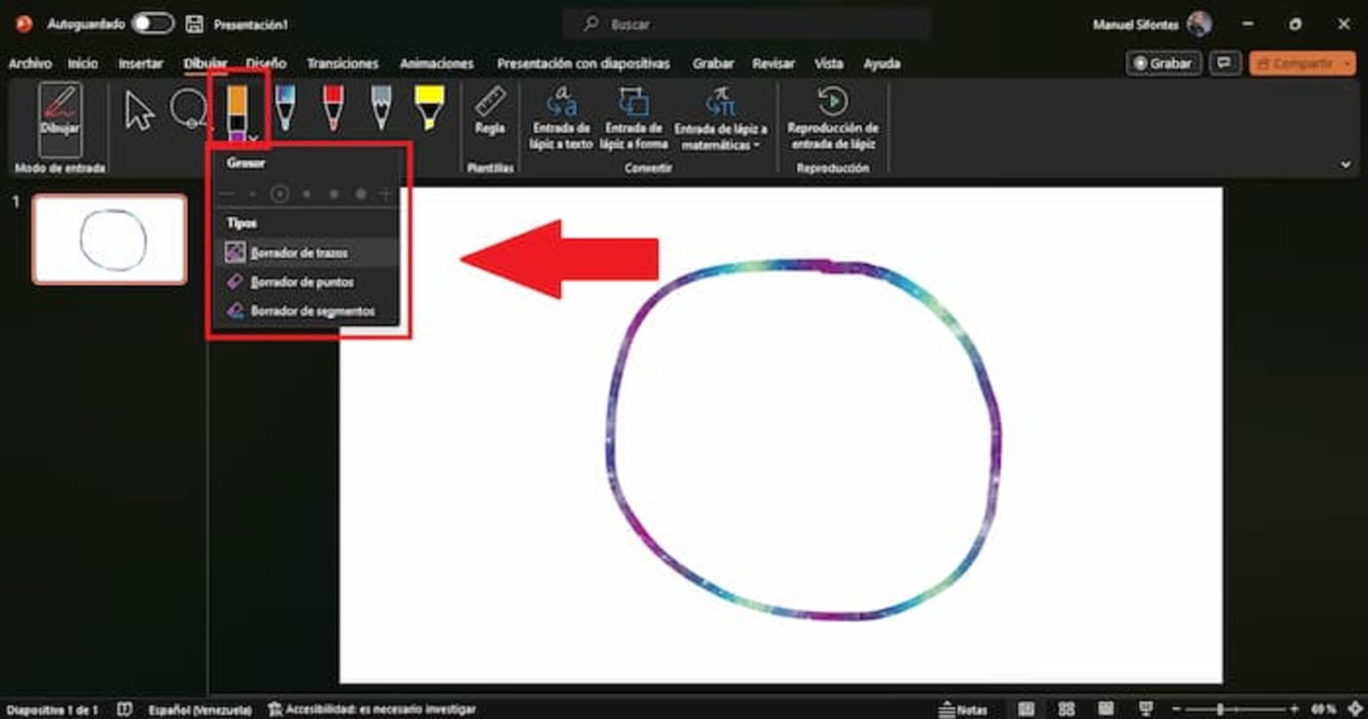 Con esta herramienta podrás borrar los trazos que hayas hecho sobre el lienzo de PowerPoint