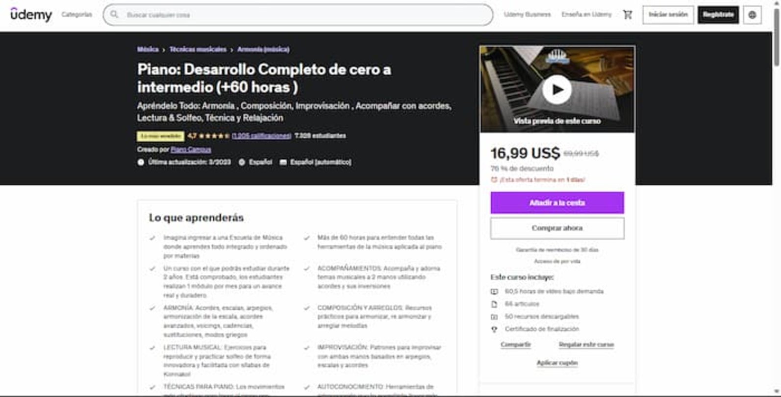 Este curso en Udemy te ofrece más de 60 horas de contenido que puedes utilizar para aprender a tocar el piano de forma sencilla