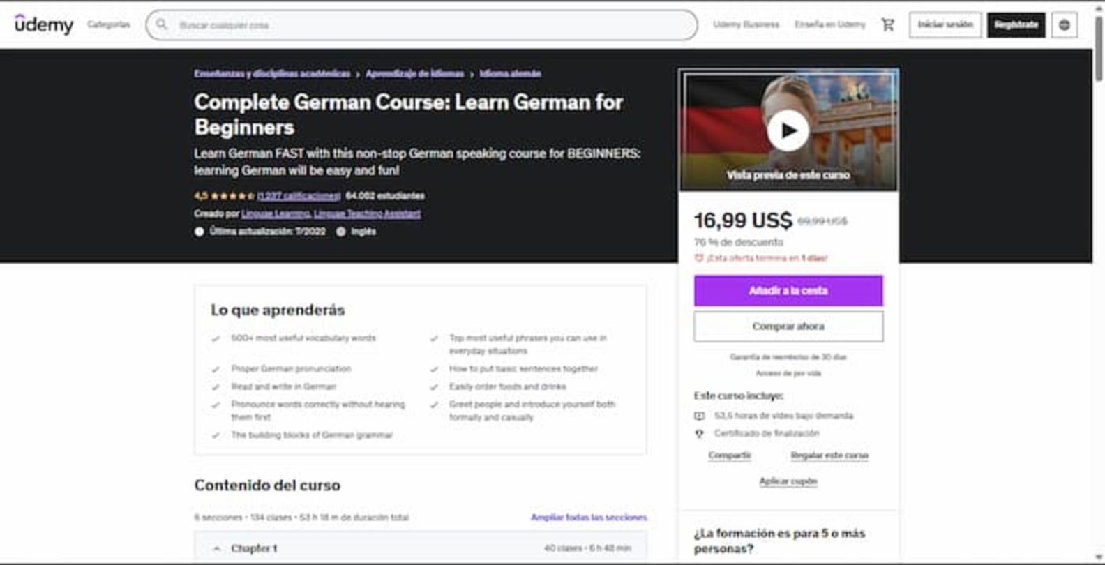 Este es otro de los mejores cursos para aprender alemán, pero está en inglés, así que debes dominar el idioma anglosajón para entender el contenido