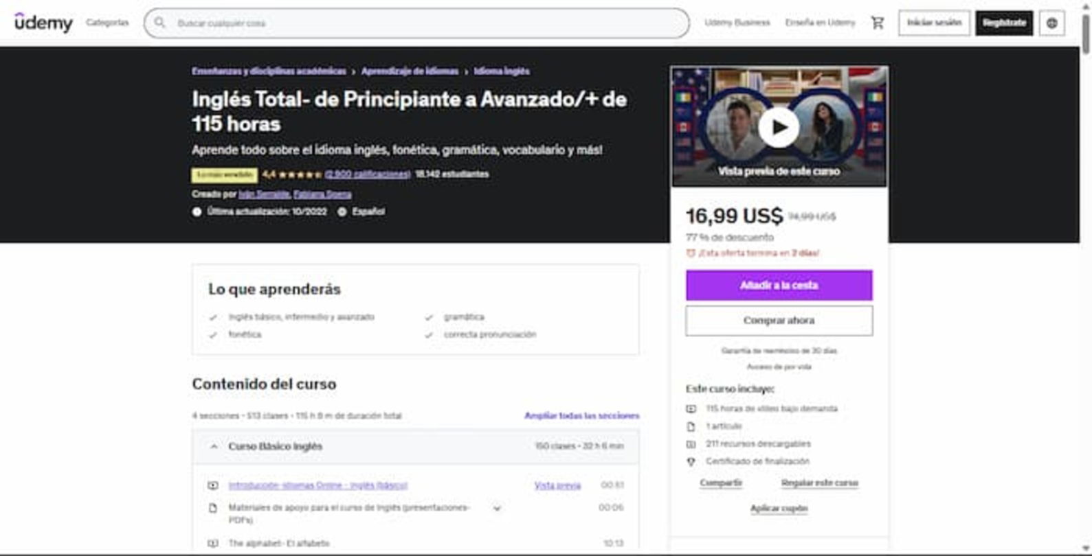 Este es, probablemente, el curso más completo para aprender inglés desde cero, pues te ofrece más de 100 horas de contenido
