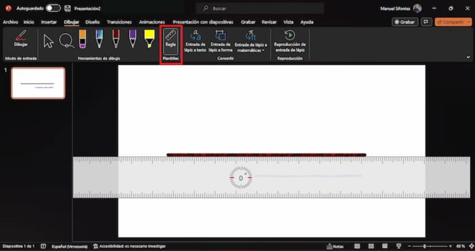 La regla puede ayudarte a hacer trazados más precisos y rectos en PowerPoint