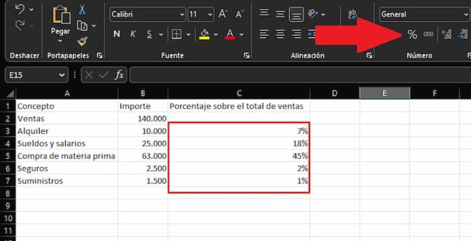 Lo último será convertir el resultado de las divisiones en porcentajes para conocer cómo se contrastan los gastos con los ingresos