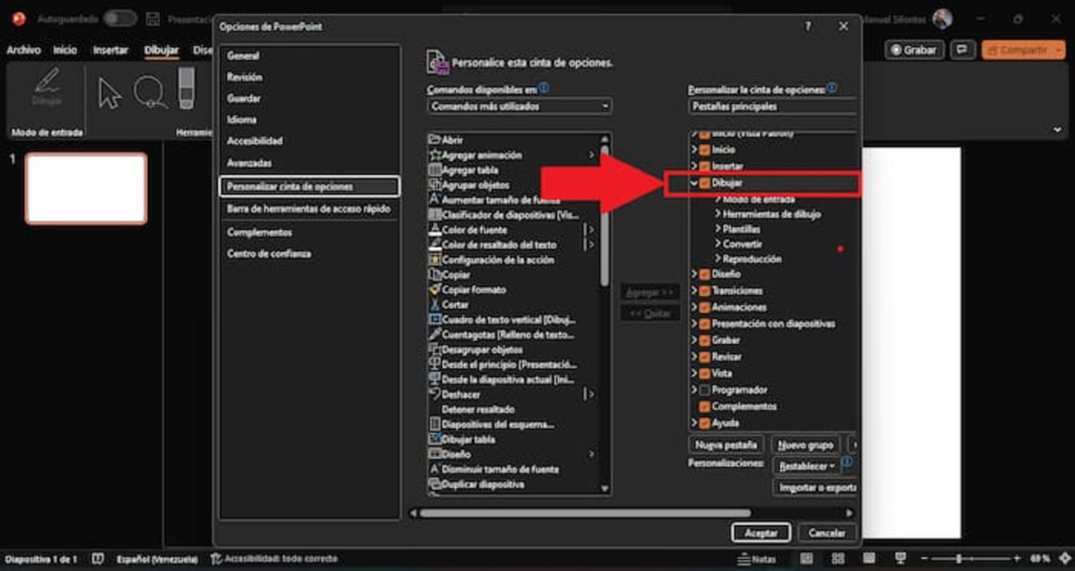 Si no tienes la pestaña de Dibujar habilitada en PowerPoint, puedes intentar activarla a través de este método
