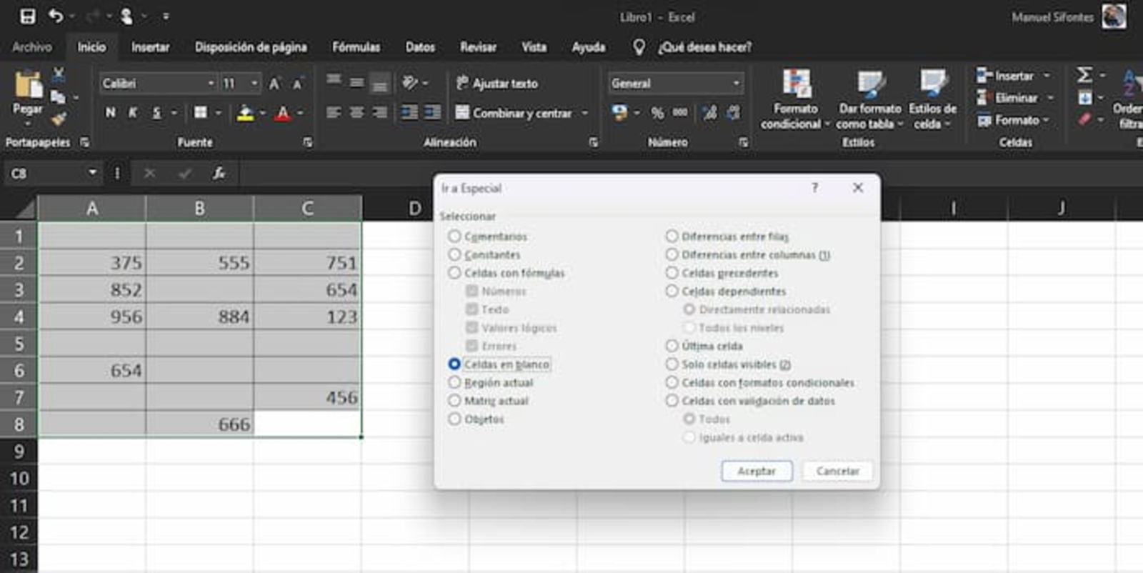 Ahora debes asegurarte de marcar la casilla de Celdas en blanco para que, de forma automática, se seleccionen únicamente estas