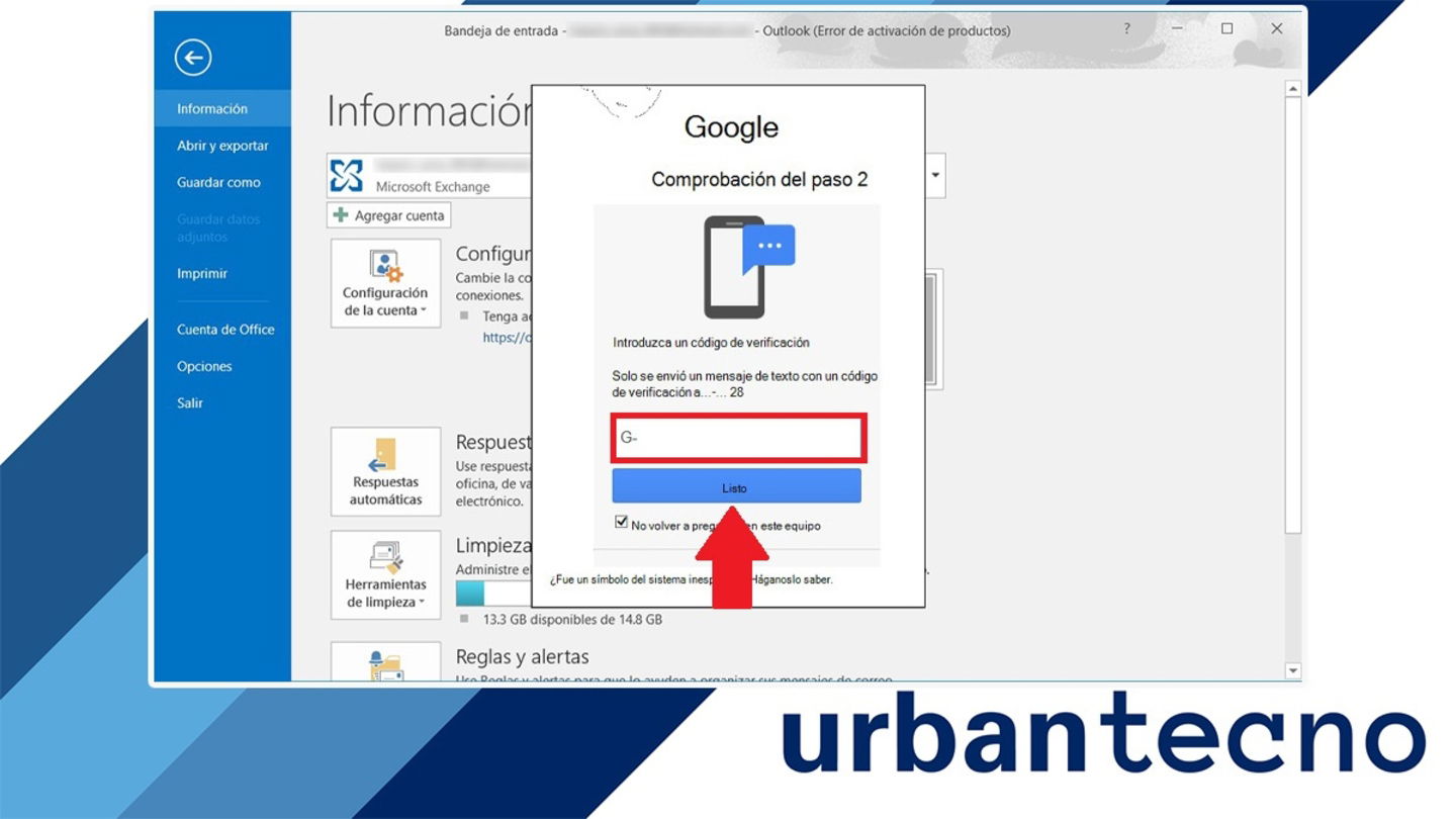 Comprobar la verficación en dos pasos de Gmail en Outlook