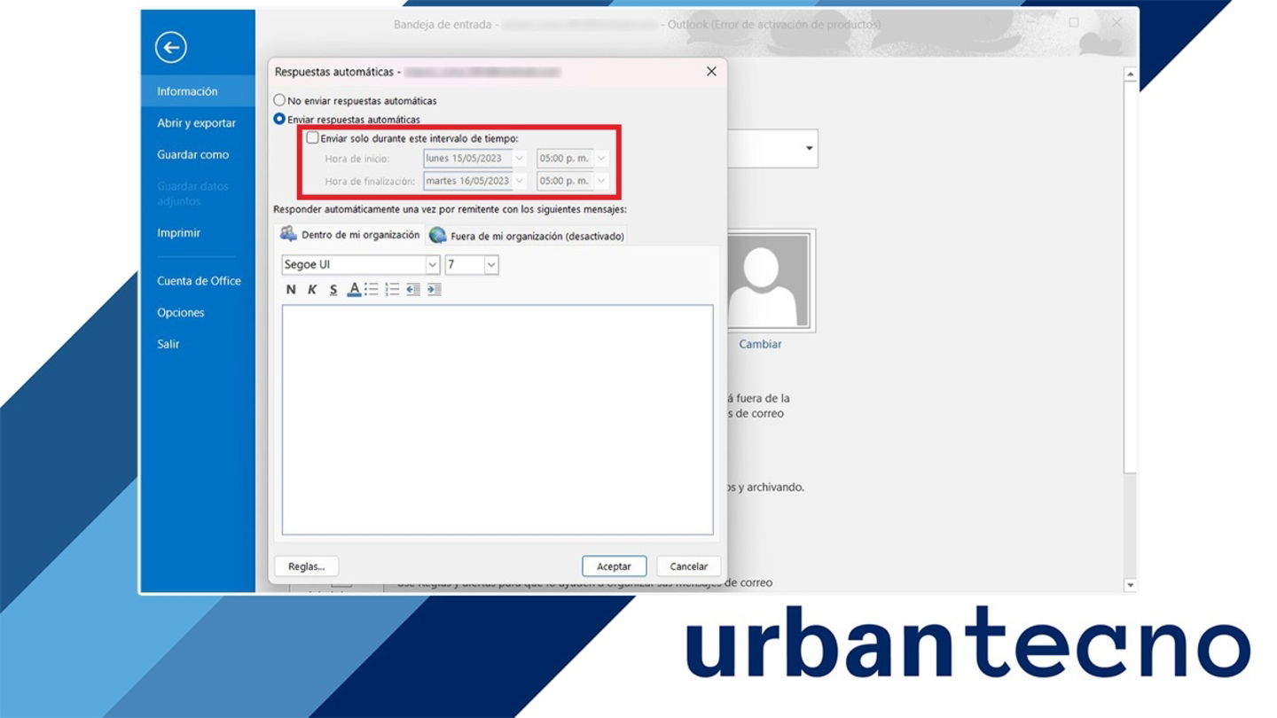 Configurar intervalo de tiempo para enviar respuestas automaticas Outlook