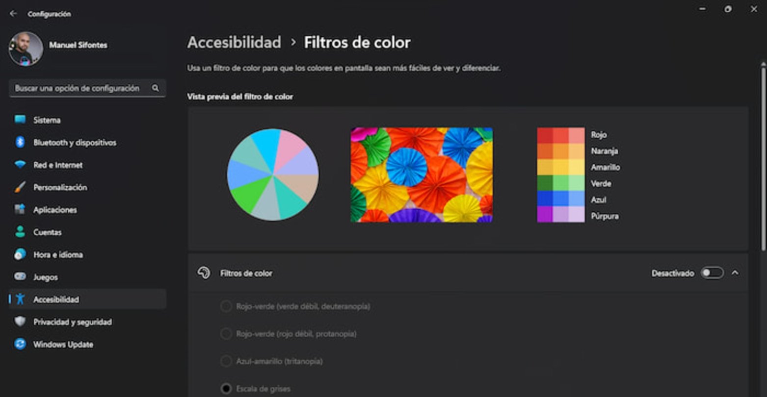 En caso de que tengas filtros de color aplicados en Windows 11, prueba a desactivarlos para solucionar el problema