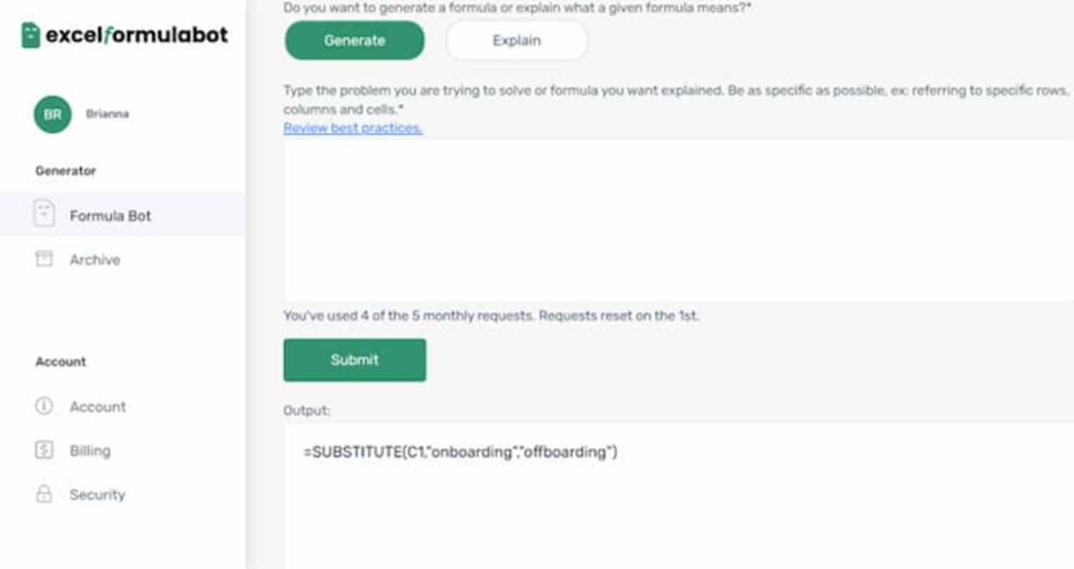 Excel Formula Bot tiene una interfaz bastante sencilla, donde podrás explicar o dar las instrucciones de lo que necesitas y la IA te devolverá la fórmula específica