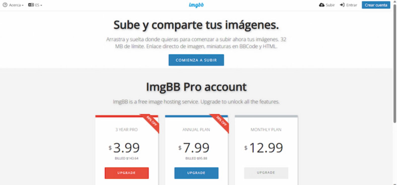 La interfaz de ImgBB es una de las más sencillas. Además, aunque es gratis, cuenta con algunos planes de pago para desbloquear otros beneficios