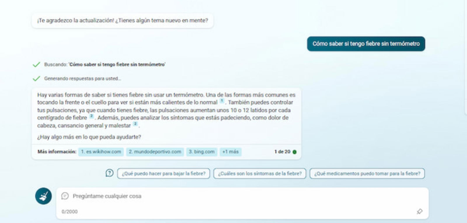 Puedes preguntarle a Bing Chat sobre algunas dudas relacionadas a la salud que tengas, aunque este nunca reemplazará el consejo médico profesional