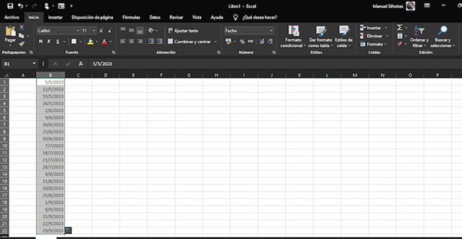 Si estás trabajando con fechas y debes seguir un orden, ya sea cada semana o cada cierta cantidad de días, el autorrelleno de Excel puede ayudarte