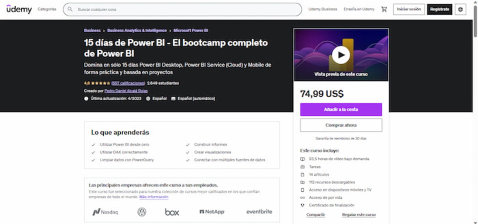 Como su título lo indica, este curso promete que te convertirás en un profesional en el manejo de Power BI en solo 15 días