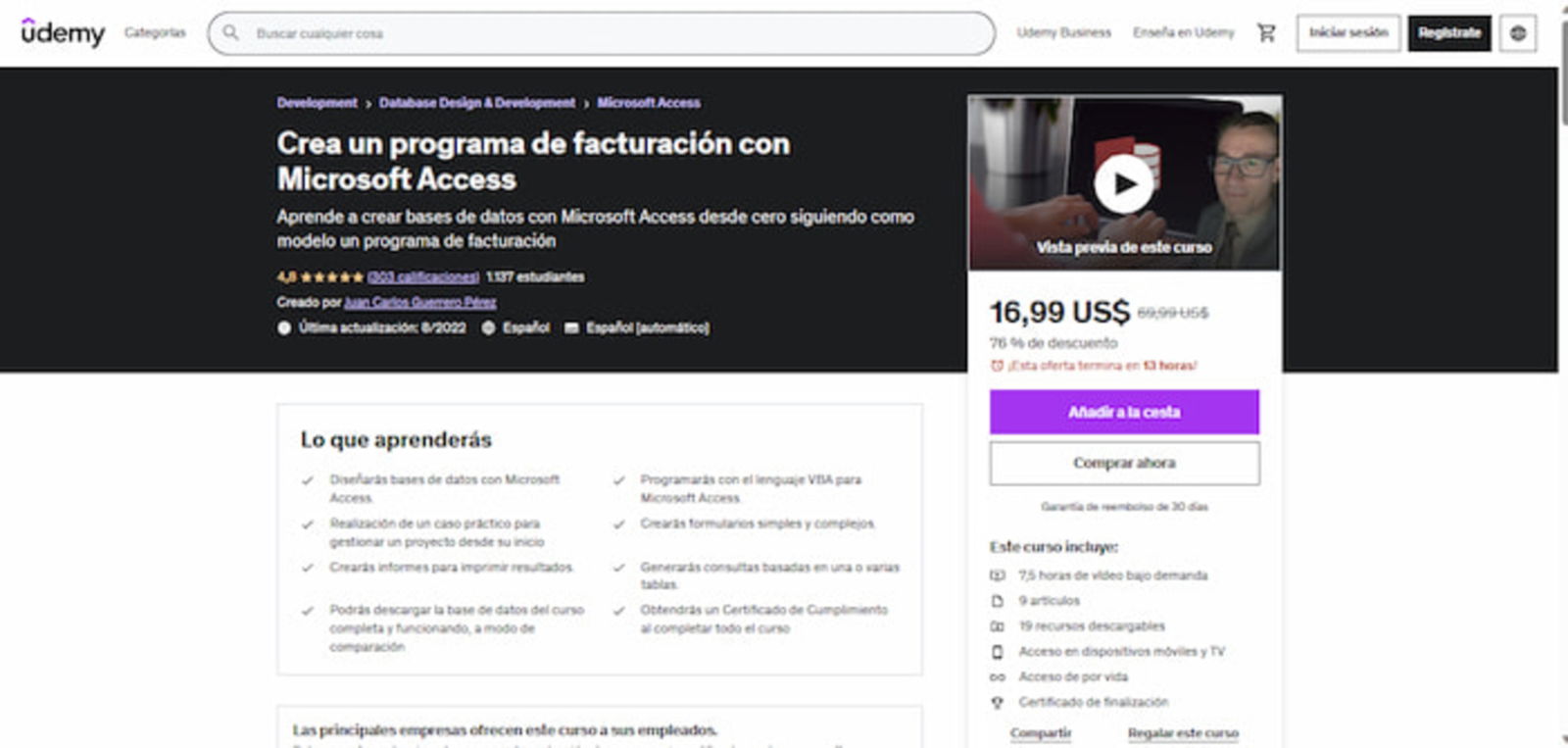 Con este curso podrás aprender a elaborar bases de datos con Access desde cero. Aunque debes saber que es de pago